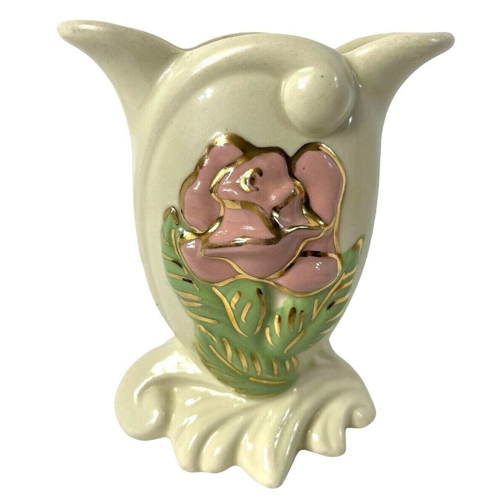 Hull Art Ivory Vase Ceramic Pink Rose Green Leaf Gold Trim 5 1/2 Inch Vintage